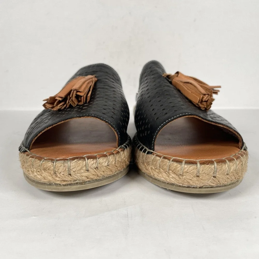 Bueno Shoes Espadrille Womens Size 42 Black Leather Slip On Tassel Mule Flats